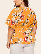 Plus Floral Ruffle Warp Babydoll Blouse
