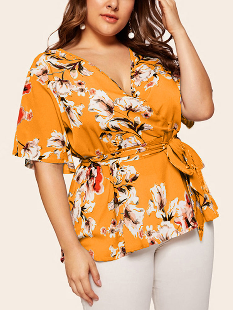 Plus Floral Ruffle Warp Babydoll Blouse
