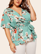 Plus Floral Ruffle Warp Babydoll Blouse