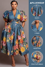 Xpluswear Design Plus Size Party Blue Floral V Neck Puff Sleeve Short Sleeve Pocket Denim Midi Dresses
