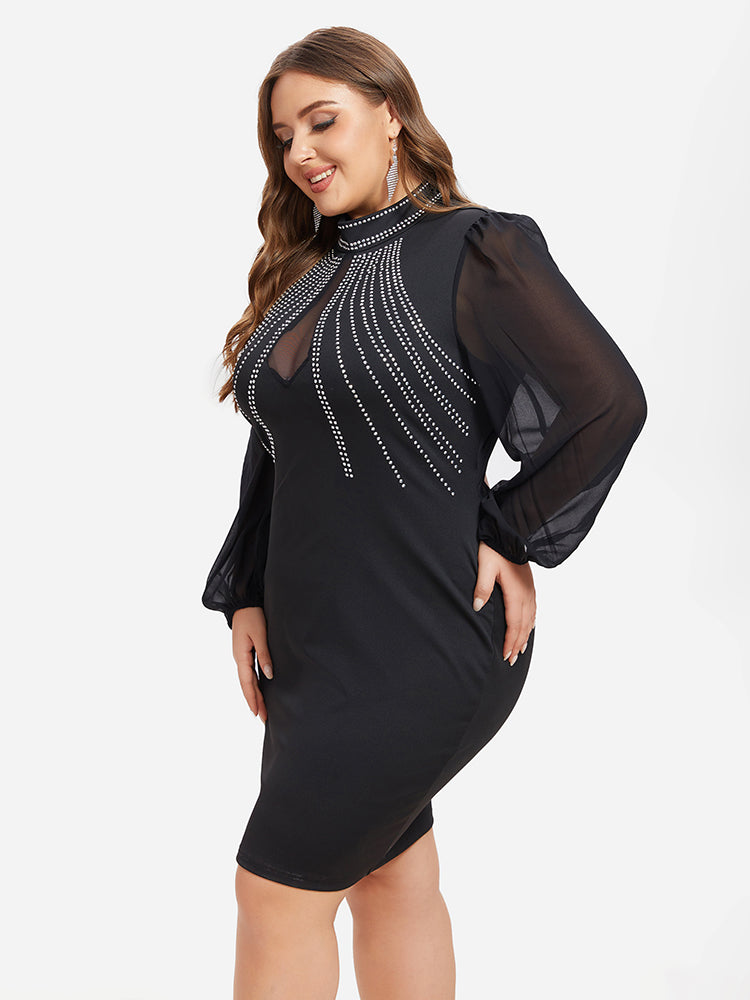 VIP Contrast Mesh Lantern Sleeve Rhinestone Detail Backless Dress