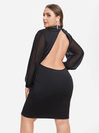 VIP Contrast Mesh Lantern Sleeve Rhinestone Detail Backless Dress