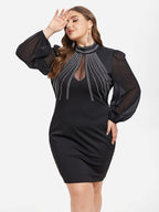 VIP Contrast Mesh Lantern Sleeve Rhinestone Detail Backless Dress