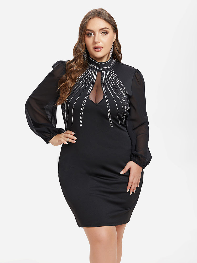 VIP Contrast Mesh Lantern Sleeve Rhinestone Detail Backless Dress