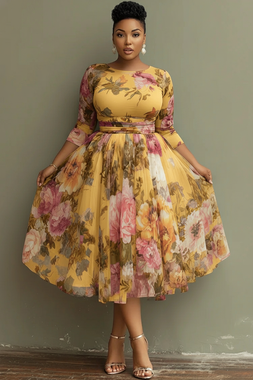 Xpluswear Design Plus Size Vacation Sage Green Floral Round Neck 3/4 Sleeve See Through Tulle Midi Dresses