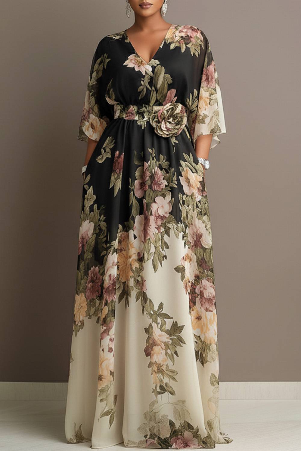 Xpluswear Design Plus Size Wedding Guest Black Floral Round Neck Flare 3/4 Sleeve Pocket 3D Chiffon Maxi Dresses