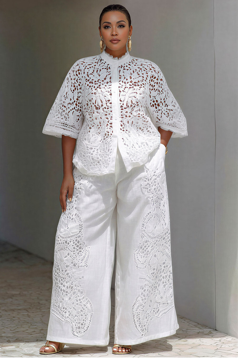 Xpluswear Design Plus Size Vacation White Stand-Up Collar Flare Half Sleeve Cut Out Pocket Guipure Lace Two Piece Pant Sets