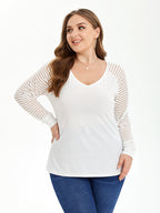 Solid V-Neck Contrast Mesh Sleeve Blouse