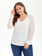 Solid V-Neck Contrast Mesh Sleeve Blouse