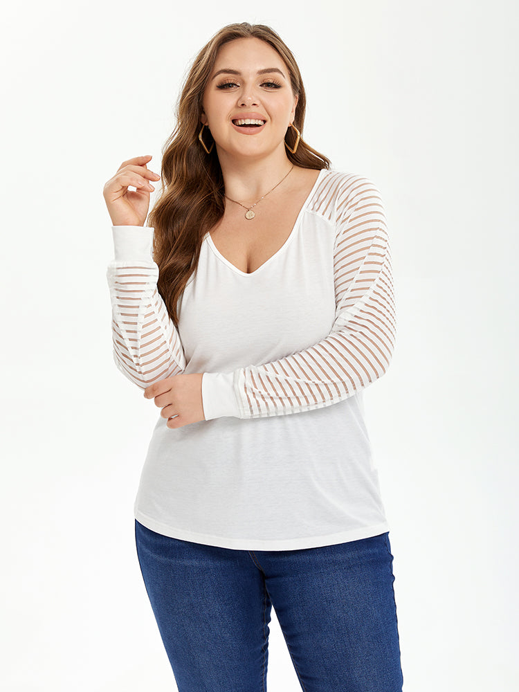 Solid V-Neck Contrast Mesh Sleeve Blouse