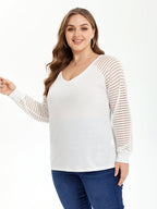 Solid V-Neck Contrast Mesh Sleeve Blouse