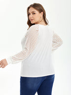Solid V-Neck Contrast Mesh Sleeve Blouse