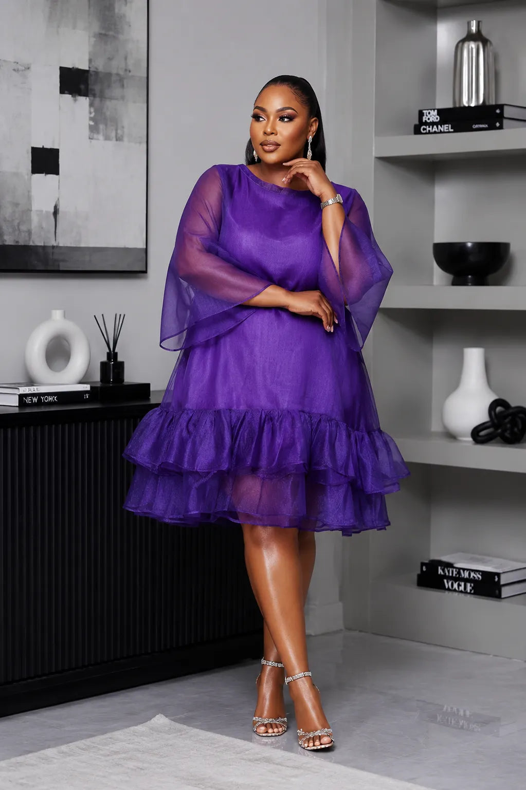 Xpluswear Design Plus Size Party Elegant Brown Round Neck Flare Short Sleeve Ruffle Organza Midi Dresses