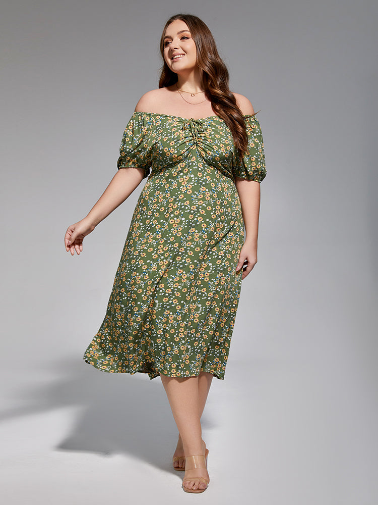 VIP Plus Sage Green Off-Shoulder Ruched Tie Front Midi Dress