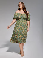 VIP Plus Sage Green Off-Shoulder Ruched Tie Front Midi Dress