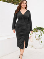 VIP Plus Black Ruched Slit Party Midi Dress
