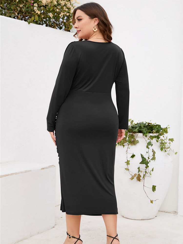 VIP Plus Black Ruched Slit Party Midi Dress