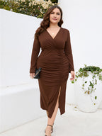 VIP Plus Black Ruched Slit Party Midi Dress