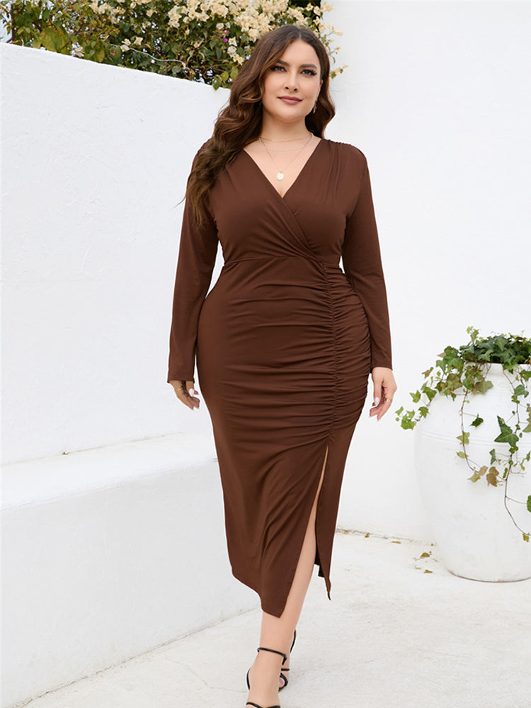 VIP Plus Black Ruched Slit Party Midi Dress