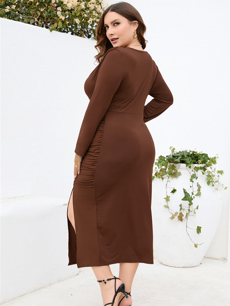 VIP Plus Black Ruched Slit Party Midi Dress