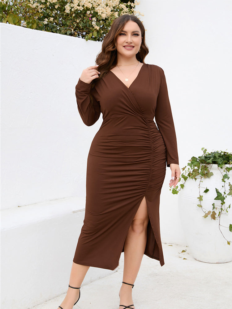 VIP Plus Black Ruched Slit Party Midi Dress