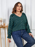 Plus Green Geo Print V-Neck Flounce Sleeve Blouse