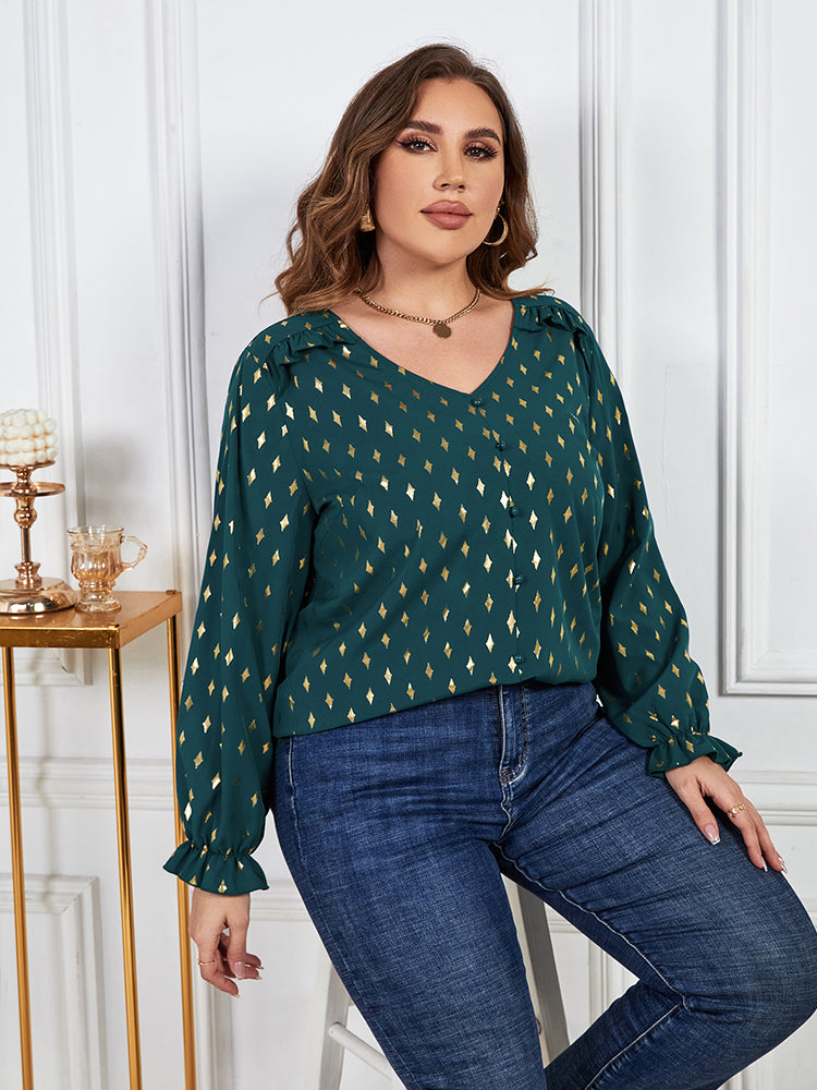 Plus Green Geo Print V-Neck Flounce Sleeve Blouse