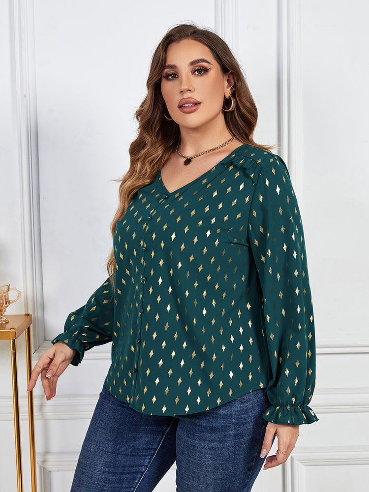 Plus Green Geo Print V-Neck Flounce Sleeve Blouse