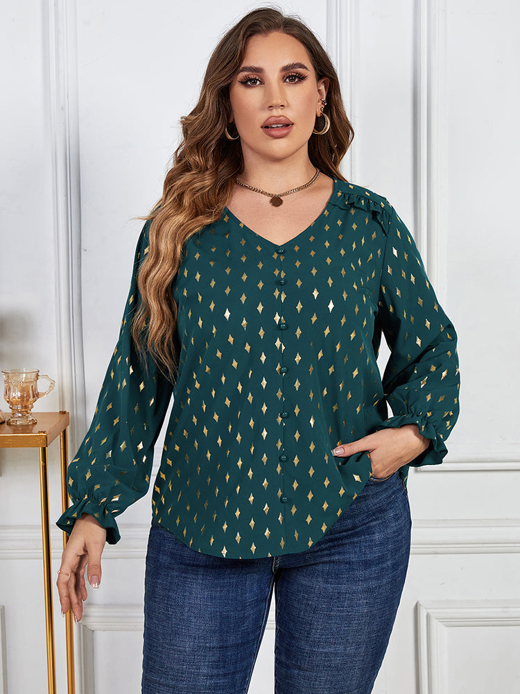 Plus Green Geo Print V-Neck Flounce Sleeve Blouse