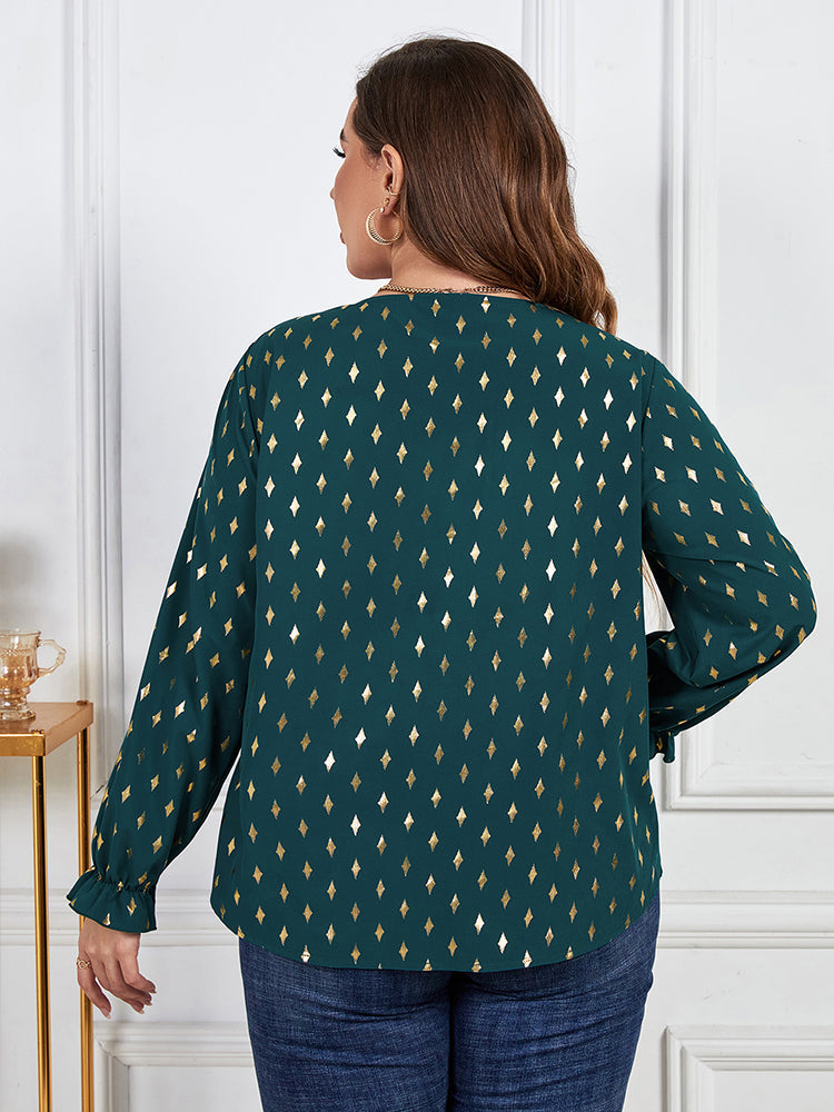 Plus Green Geo Print V-Neck Flounce Sleeve Blouse