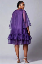 Xpluswear Design Plus Size Party Elegant Brown Round Neck Flare Short Sleeve Ruffle Organza Midi Dresses