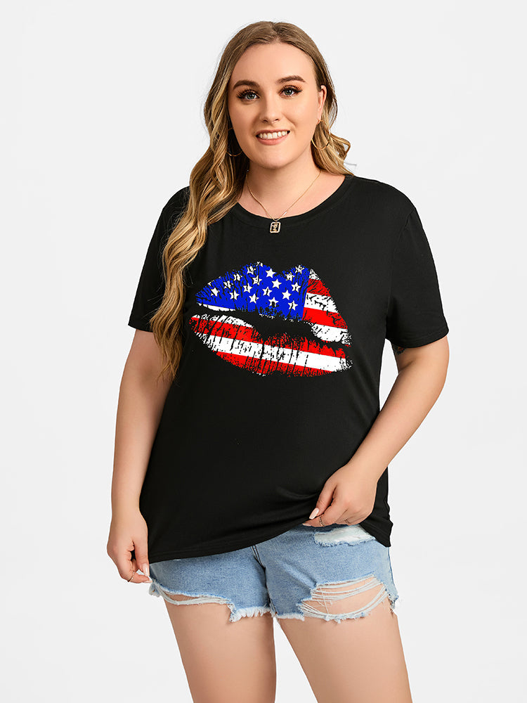 Plus Black Color Lip Print Round Neck Graphic Tee