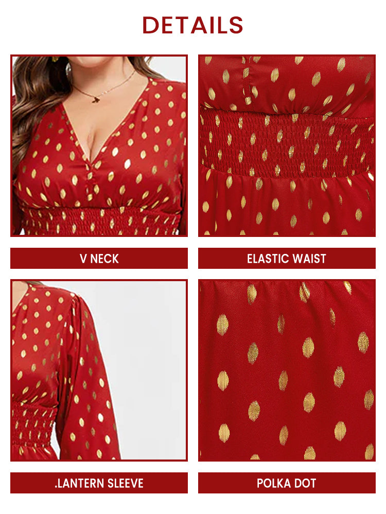 VIP Polka Dot Print V-Neck Lantern Sleeve Midi Dress