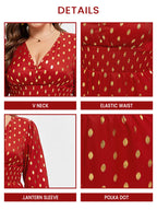 VIP Polka Dot Print V-Neck Lantern Sleeve Midi Dress