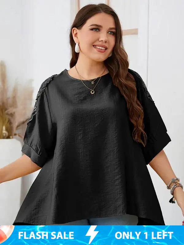 Plus Plain Embroidery Lace Puff Sleeve Ruffle Hem Tee
