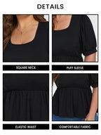 Plus Black Elastic Waist Puff Sleeve Blouse