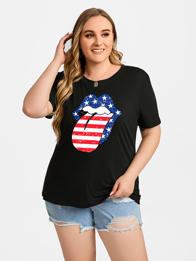 Plus Black Color Tongue Print Round Neck Graphic Tee