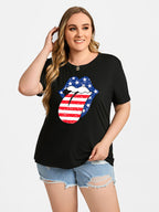 Plus Black Color Tongue Print Round Neck Graphic Tee