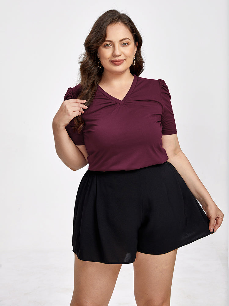 Plus Ruched V-Neck Puff Sleeve Tee