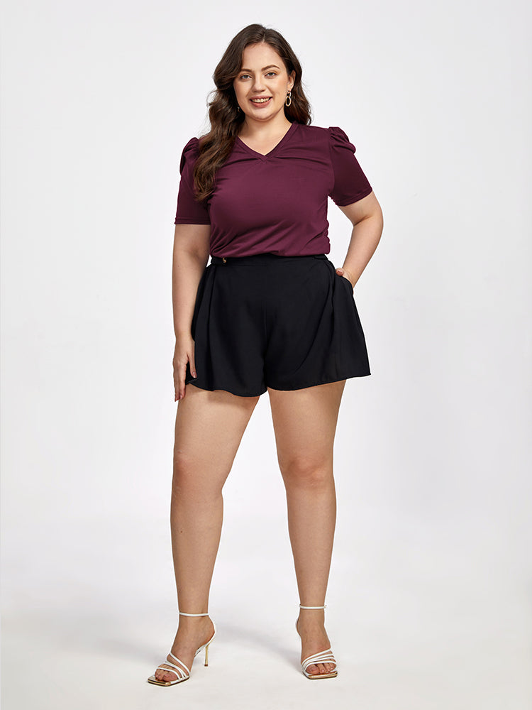 Plus Ruched V-Neck Puff Sleeve Tee