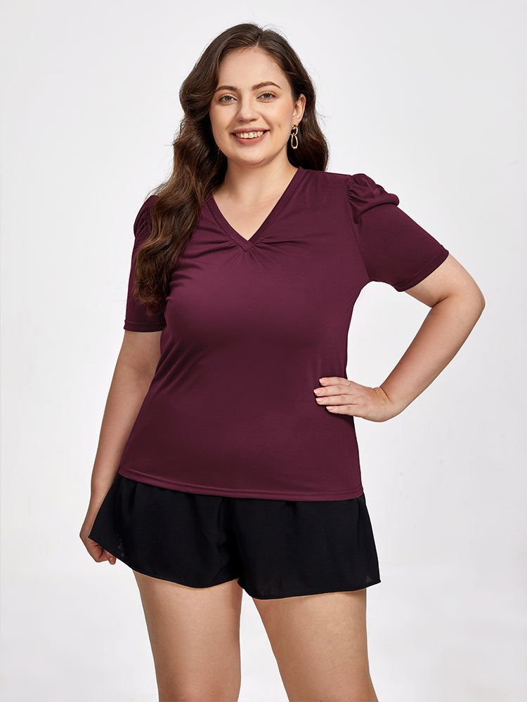 Plus Ruched V-Neck Puff Sleeve Tee