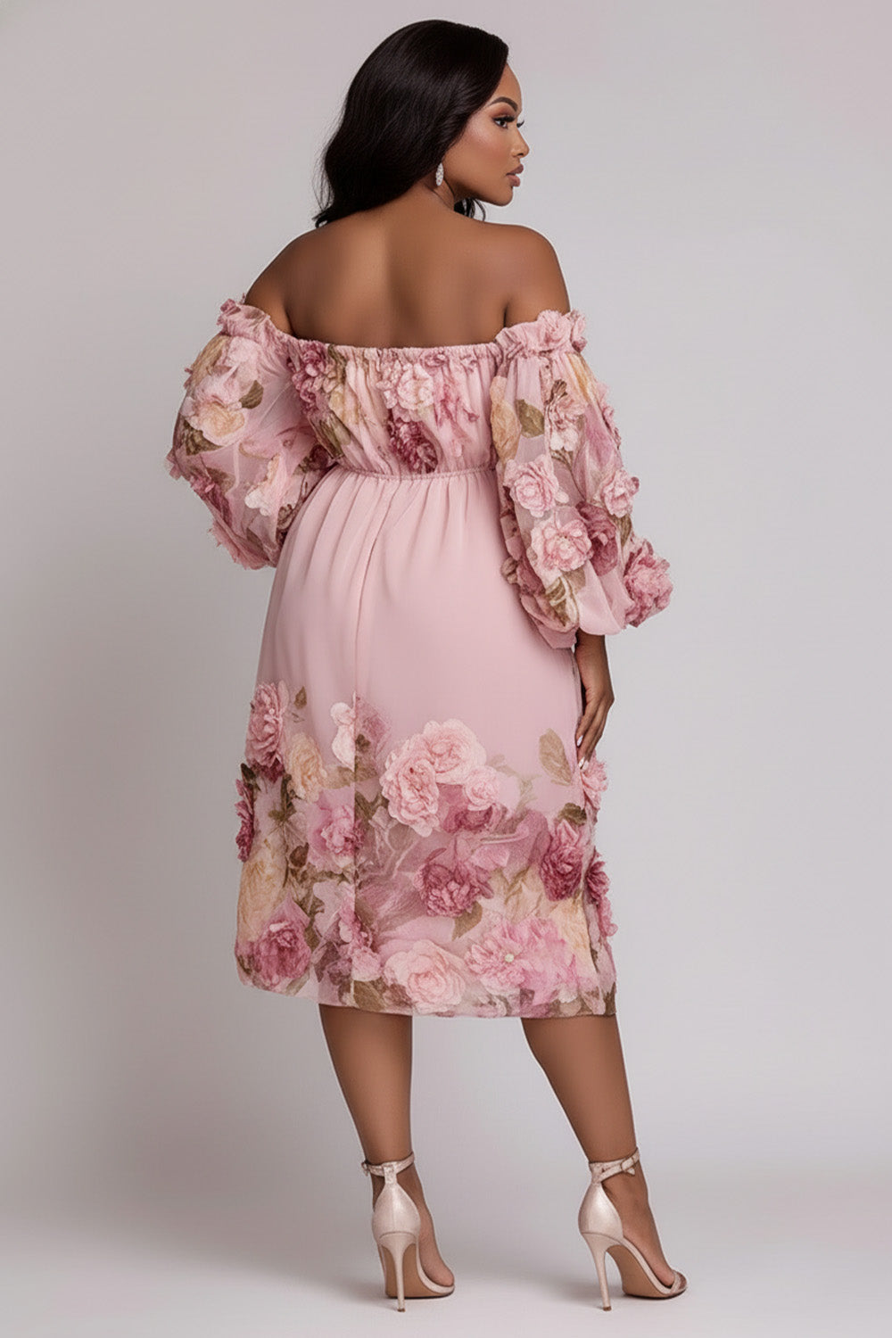 Xpluswear Design Plus Size Cocktail Party Pink Floral Off The Shoulder 3D Chiffon Midi Dresses