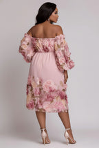 Xpluswear Design Plus Size Cocktail Party Pink Floral Off The Shoulder 3D Chiffon Midi Dresses