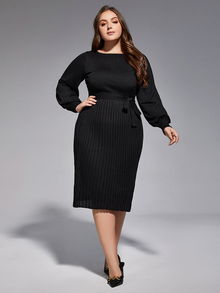 VIP Plus Black Solid Tie Lantern Sleeves Midi Knit Dress