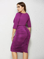 Plus V Neck Ruched Raglan Sleeve Bodycon Midi Dress