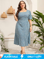 Plus Blue Floral Puff Sleeve Ruffle Hem Dress