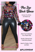 Plus Size Party Blouse Silver Round Neck Disco Sequin Feather Mesh See-Through Blouse