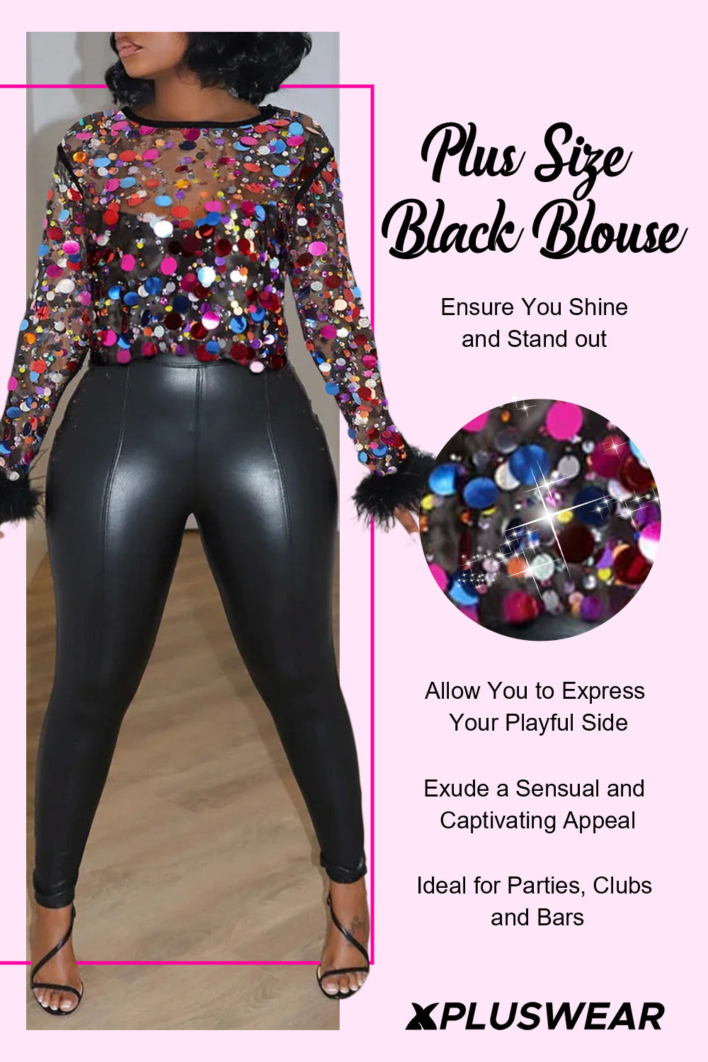 Plus Size Party Blouse Silver Round Neck Disco Sequin Feather Mesh See-Through Blouse
