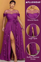 Xpluswear Design Plus Size Formal Purple Round Neck Short Sleeve Ruffle See Through Maxi Dresses