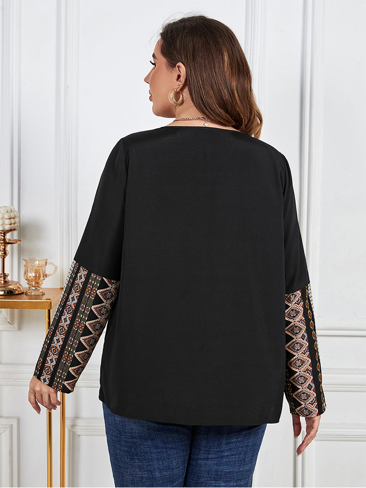 Plus Black Floral Patchwork Tie Neck Ruched Blouse
